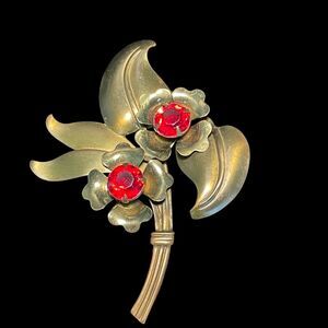 Vintage Red Lucite RhineStone Brooch Pin Flowers Leaves Retro Style 1940s-1950s